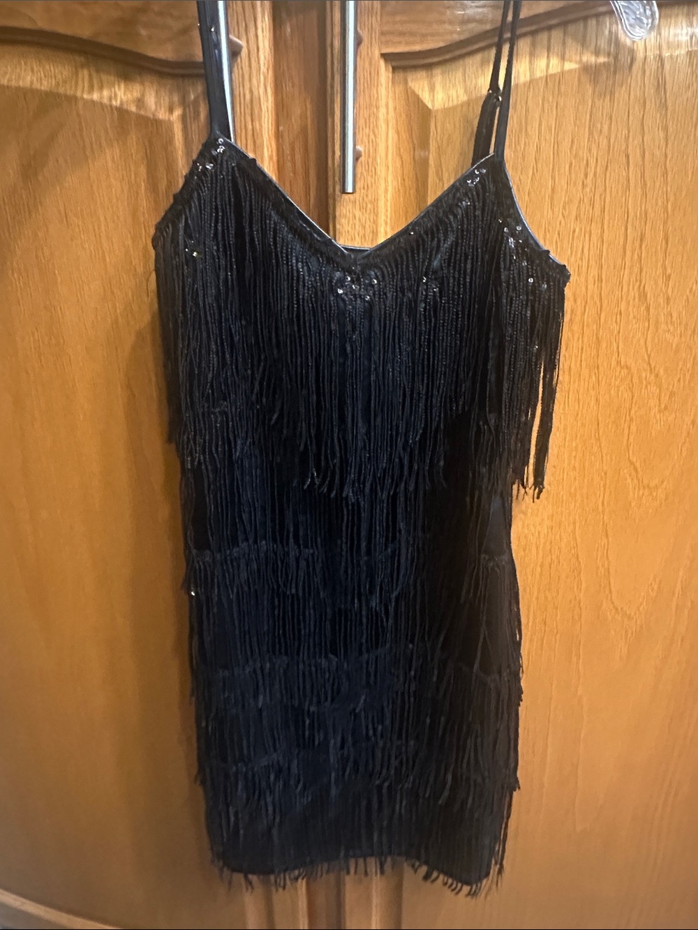 Black Fringe Spaghetti-Strap Dress - Elegant Evening Style. Never Worn.
